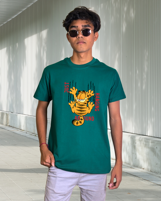 Men's Green Garfield Just Hanging Around Graphic Printed T-Shirt