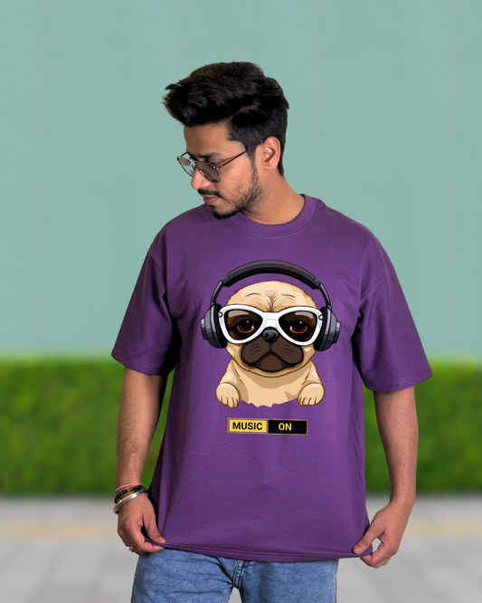 Men's Plum Purple Music ON Graphic Oversized T-Shirt