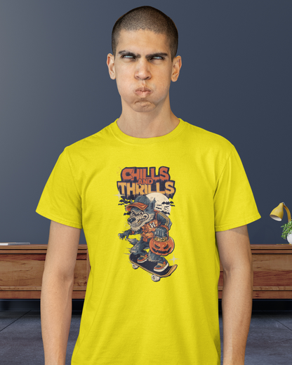 Men's Yellow Chills & Thrills Graphic Printed T-Shirt