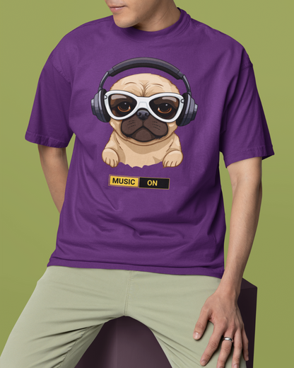 Men's Plum Purple Music ON Graphic Oversized T-Shirt
